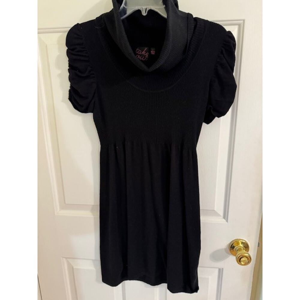 Takeout Chic Black Sweater Dress Cowl Neck Puff Ruched Sleeves Junior Large EUC